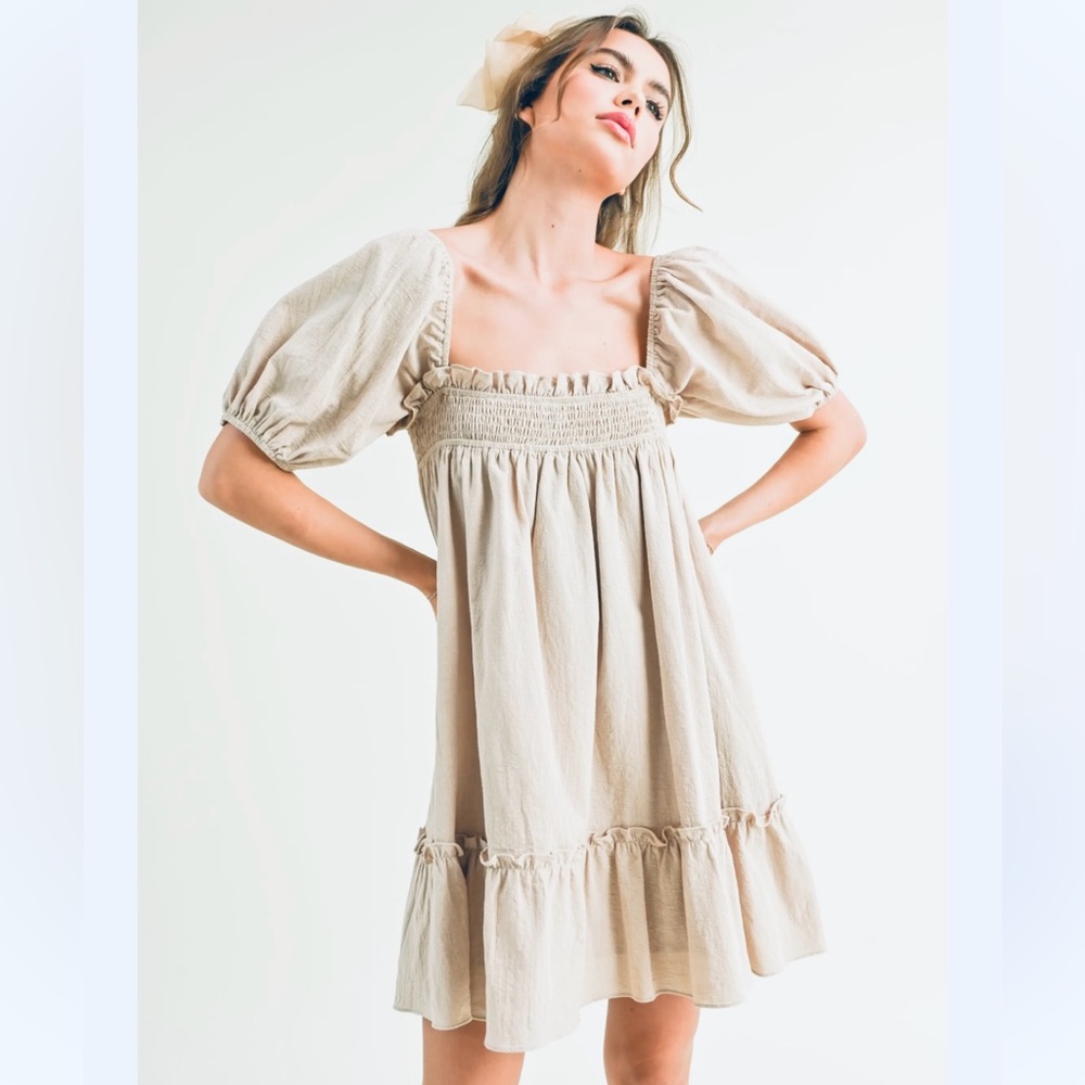 Sabo Skirt Ranetta Linen Mini Dress SIZE 4 tan beige off shoulder babydoll beach